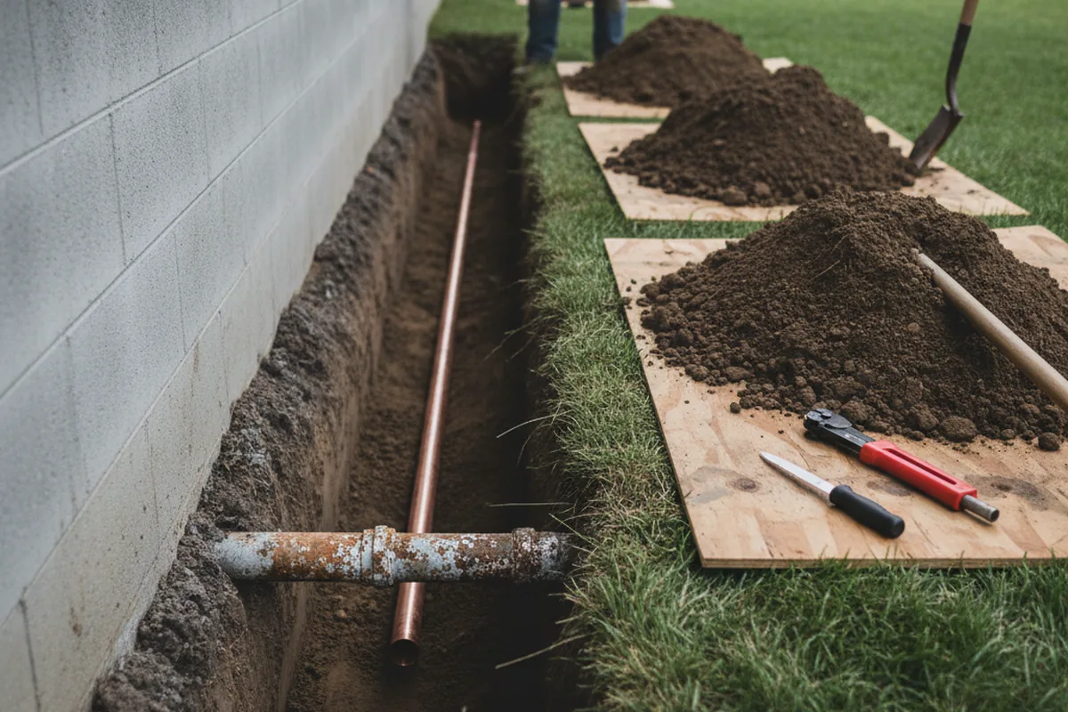 Excavated water line trench during Water Softener Installation in Albertville